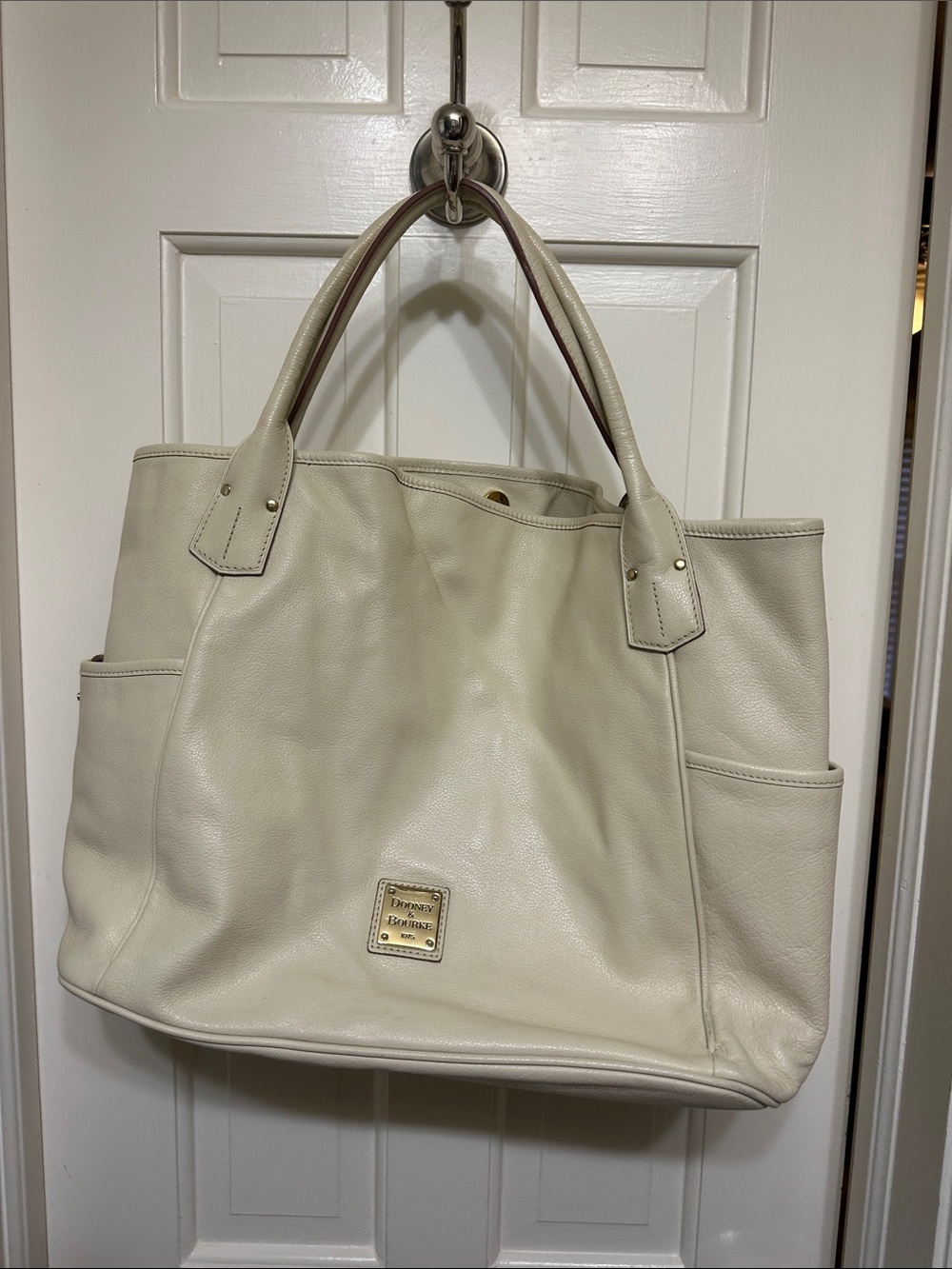 Dooney & Bourke Ivory Leather Tote with Gold Logo Plaque